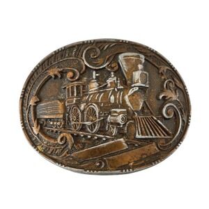 Vintage Train Locomotive Belt Buckle Metal Oval Railroad 3.5" Steam Engine